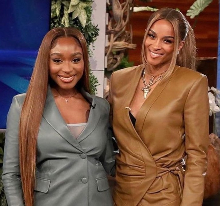 Ciara Hosts ‘Ellen’ Show Wearing Balmain Brown Leather Wrap Jacket and Cropped Paperbag Pants: Normani Guest Stars Wearing Off-White Teal Blue Leather Blazer and Mini Skirt