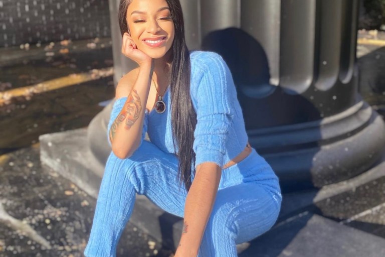 Deyjah Harris Beams in Fashion Nova Blue Sweater Legging Set