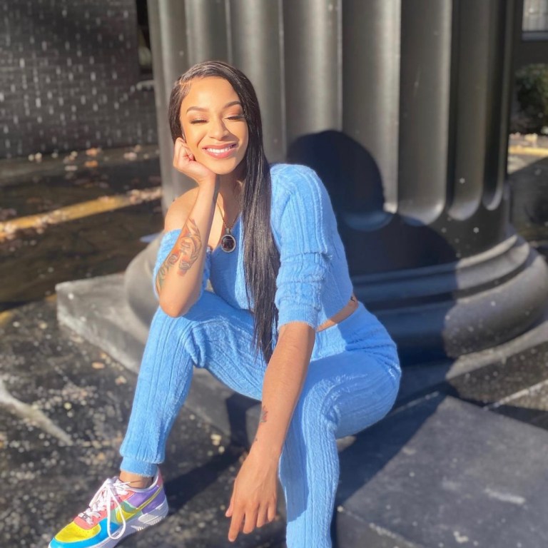 Deyjah Harris Beams in Fashion Nova Blue Sweater Legging Set