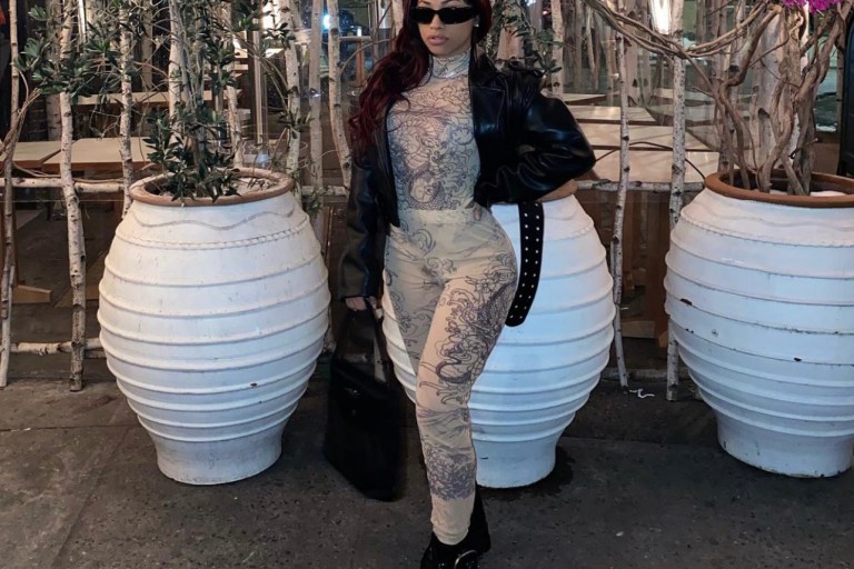 Hennessy Carolina Rocks Fashion Nova Nude Mesh Dragon Print Bodysuit and Leggings Set