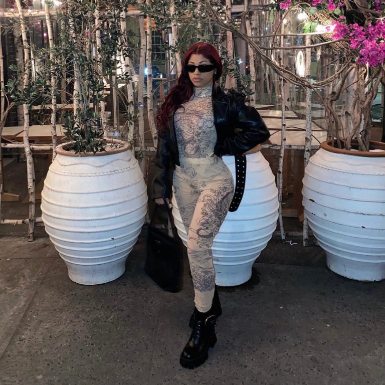 Hennessy Carolina Rocks Fashion Nova Nude Mesh Dragon Print Bodysuit and Leggings Set