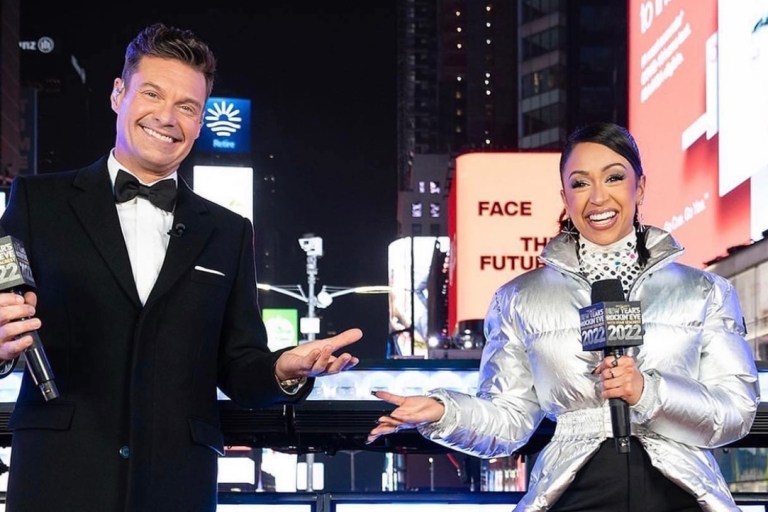 Wardrobe Inquiry: Liza Koshy Hosted Dick Clark’s New Year’s Rockin Eve Wearing Custom Moncler Silver Puffer Coat