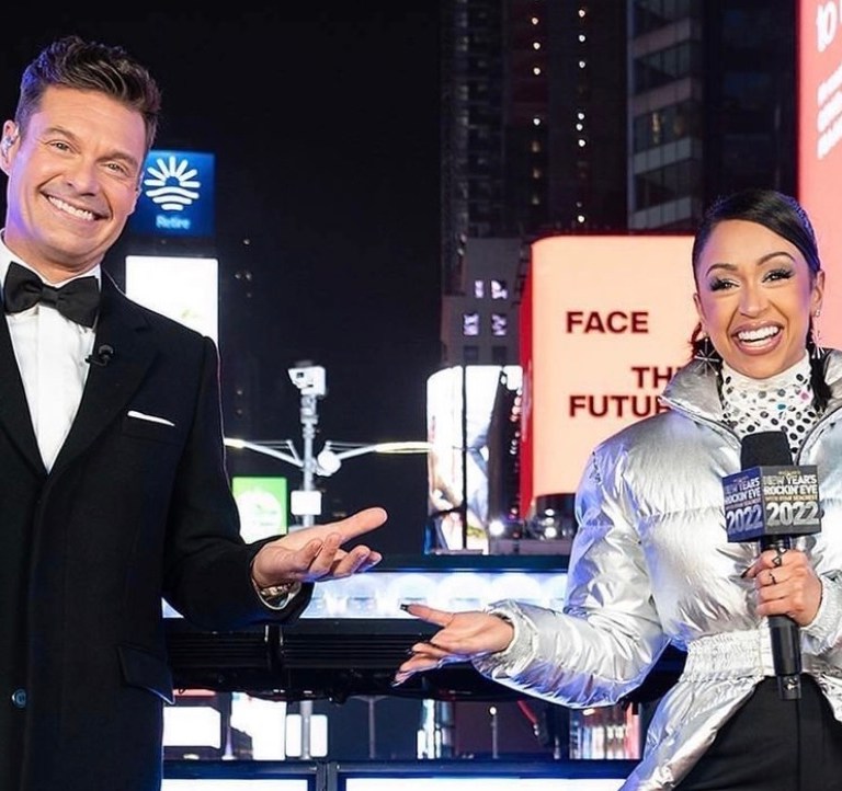 Wardrobe Inquiry: Liza Koshy Hosted Dick Clark’s New Year’s Rockin Eve Wearing Custom Moncler Silver Puffer Coat
