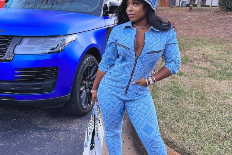 Reginae Carter Rocks Fashion Nova Denim Bandana Print Jumpsuit