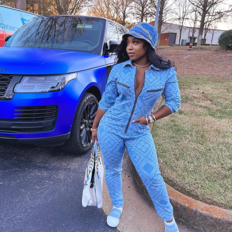 Reginae Carter Rocks Fashion Nova Denim Bandana Print Jumpsuit