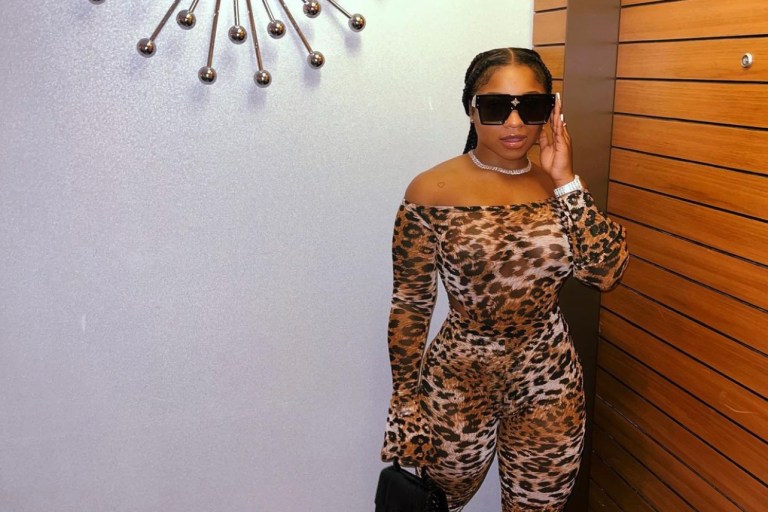 Reginae Carter Takes a Step on the Wild Side  Wearing Fashion Nova Leopard Print Off-The-Shoulder Bodysuit and Legging Set