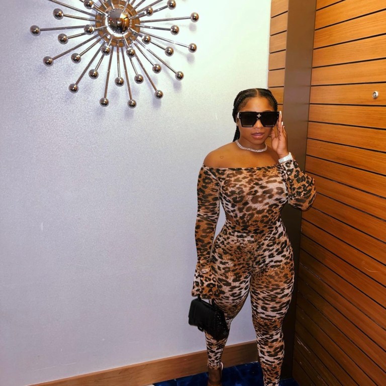 Reginae Carter Takes a Step on the Wild Side  Wearing Fashion Nova Leopard Print Off-The-Shoulder Bodysuit and Legging Set