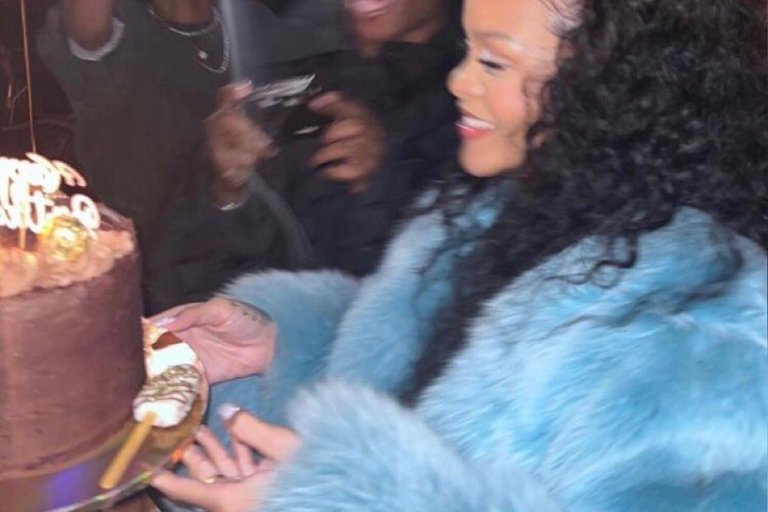 Rihanna Celebrates Her Birthday in London with ASAP Rocky Wearing Tom Ford for Gucci Fall 1997 Blue Fur Coat