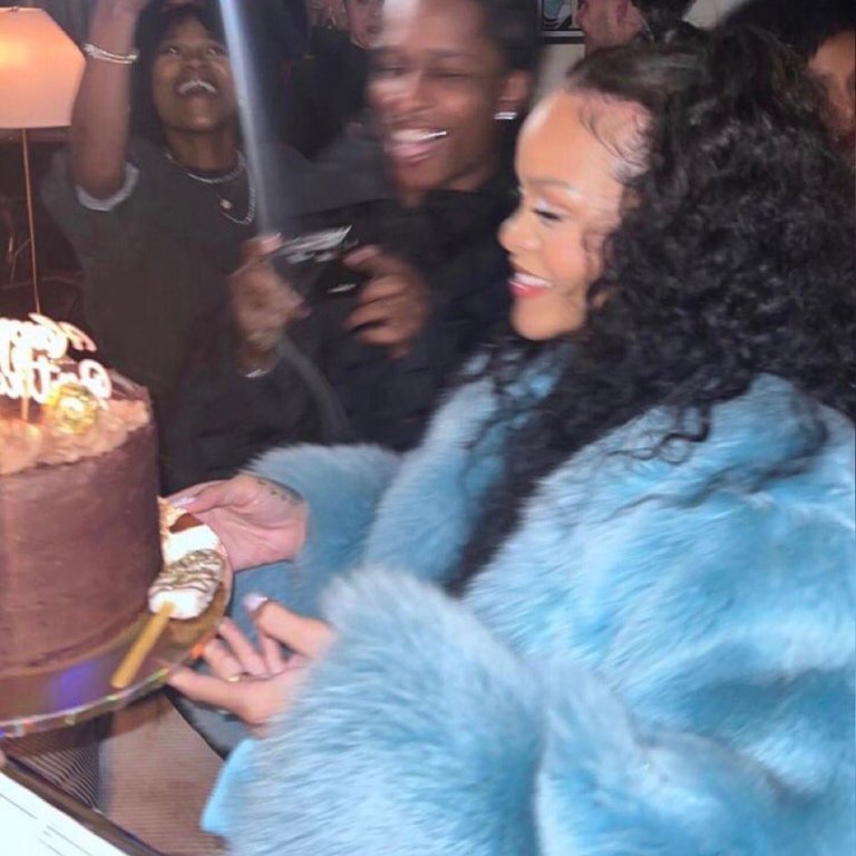 Rihanna Celebrates Her Birthday in London with ASAP Rocky Wearing Tom Ford for Gucci Fall 1997 Blue Fur Coat