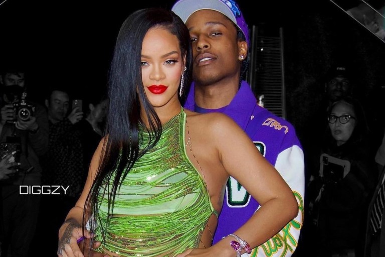 Rihanna and ASAP Rocky Attend Fenty Beauty Event with Rih in Custom  Green and Pink The Attico and ASAP Rocky in Purple Louis Vuitton x Virgil Abloh Jacket
