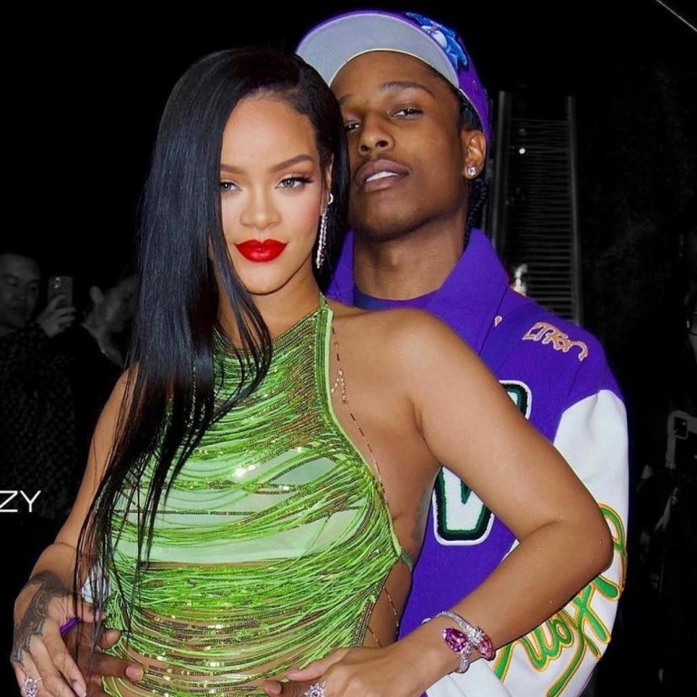 Rihanna and ASAP Rocky Attend Fenty Beauty Event with Rih in Custom  Green and Pink The Attico and ASAP Rocky in Purple Louis Vuitton x Virgil Abloh Jacket