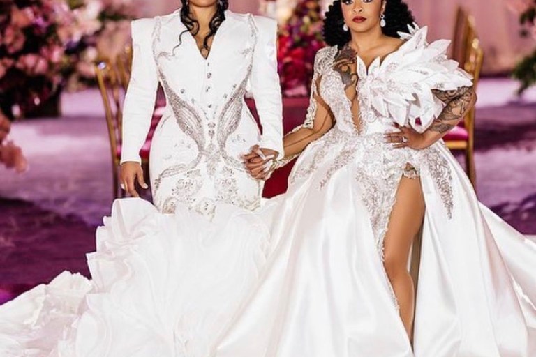 Da Brat and Jessica Dupart Get Married in Atlanta Wearing Glamorous Custom White Wedding Gowns By Ese Azenabor