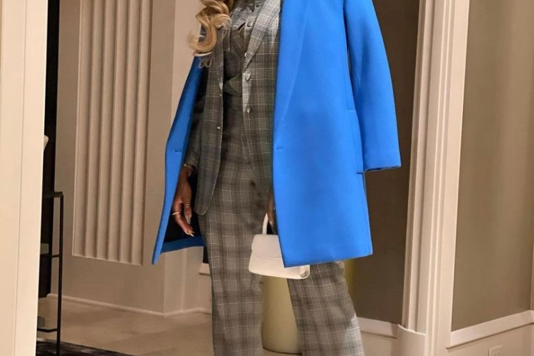 Savannah James Heads to All Star Weekend  Wearing a Gray Thebe Magugu Plaid Suit and Powder Blue Tibi Over Coat