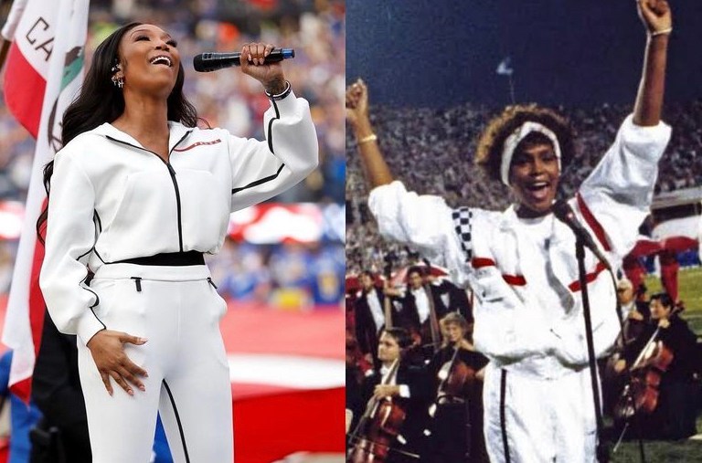 Brandy Pays Homage to Whitney Houston, Singing the National Anthem at 49ers vs LA Rams NFC Championship Wearing White Prada Tracksuit