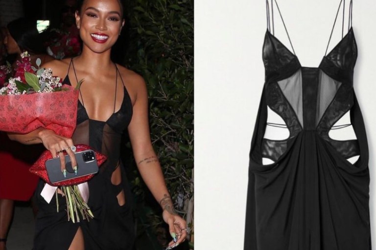 Karrueche Enjoys Galentine’s Day in $2,180 Black Mugler Cut Out Spaghetti Strap Midi Dress
