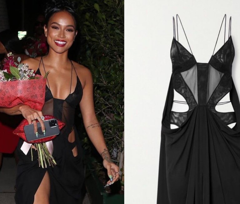 Karrueche Enjoys Galentine’s Day in $2,180 Black Mugler Cut Out Spaghetti Strap Midi Dress