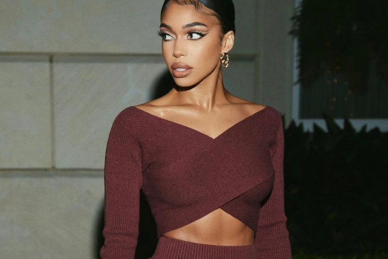 Lori Harvey Attended a Burberry Take Over Event Wearing a Burberry Maroon Burgundy Knit Crop Top and Skirt Set