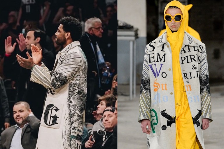 Kyrie Irving Attends Brooklyn Nets Game Wearing States, Empires, Worlds Walter Van Beirendock Fall 2018 Jacket
