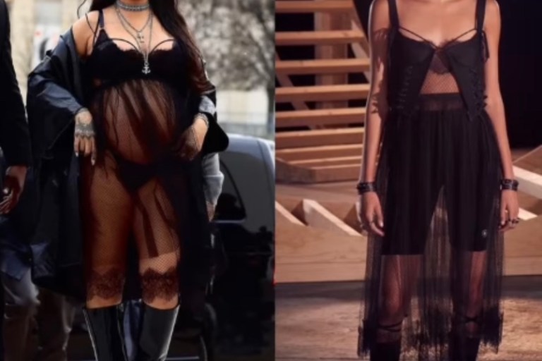 Rihanna Attends 2022 Dior Fashion Show Wearing Sheer Black Dior Dress and Amina Muaddi Patent Leather Boots