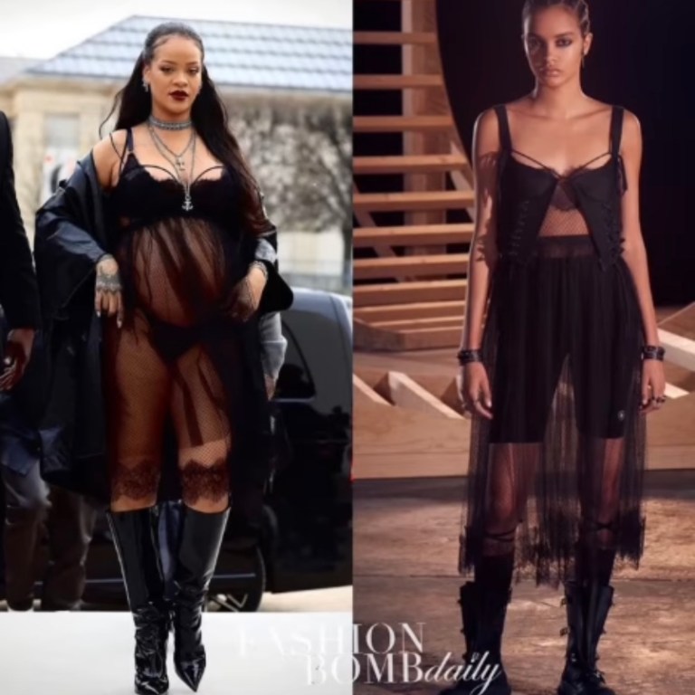 Rihanna Attends 2022 Dior Fashion Show Wearing Sheer Black Dior Dress and Amina Muaddi Patent Leather Boots