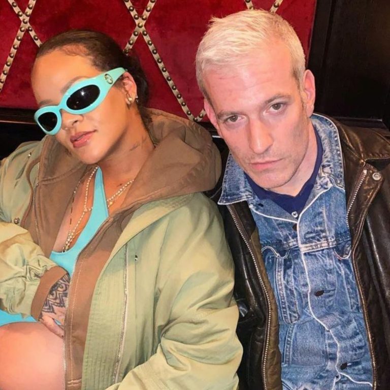 Rihanna Poses with Melzy in Stella McCartney Spring 2022 Pool Blue Cut Out Catsuit