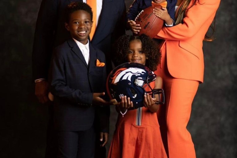 Ciara Wears a David Koma Orange Resort 2022 Suit During Family Photoshoot with Husband Russell Wilson and Their Children