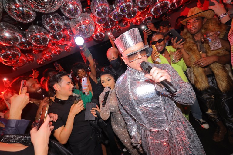 Lil Kim Performs at Legendary Damon’s Birthday Party in Custom Silver Sequined Angel Brinks Catsuit