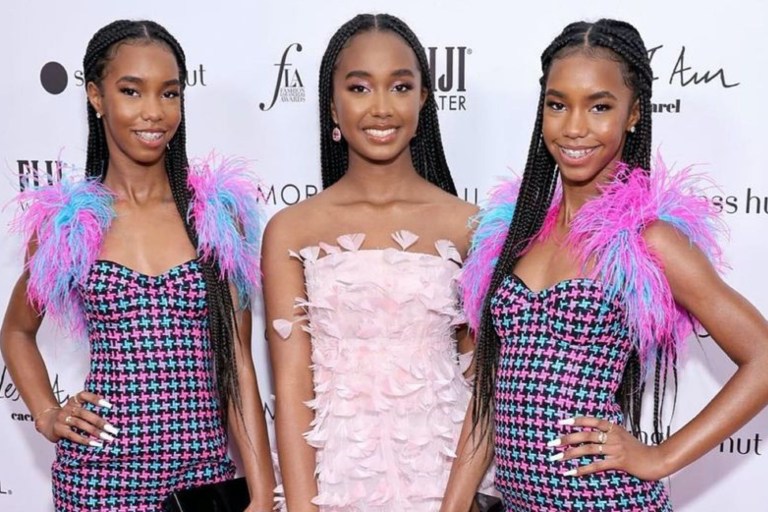 The Combs Twins and Chance Combs Appear at the Daily Front Row Awards, with Jessie and D’Lila Combs in Check Feathered Area Dresses, and Chance in Pink Petaled Dolce Gabbana