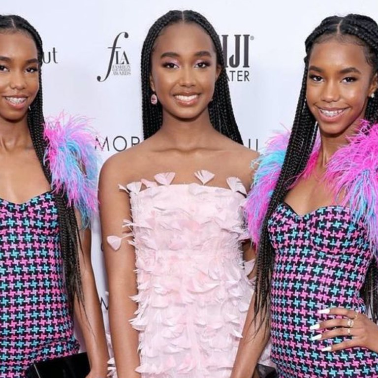 The Combs Twins and Chance Combs Appear at the Daily Front Row Awards, with Jessie and D’Lila Combs in Check Feathered Area Dresses, and Chance in Pink Petaled Dolce Gabbana