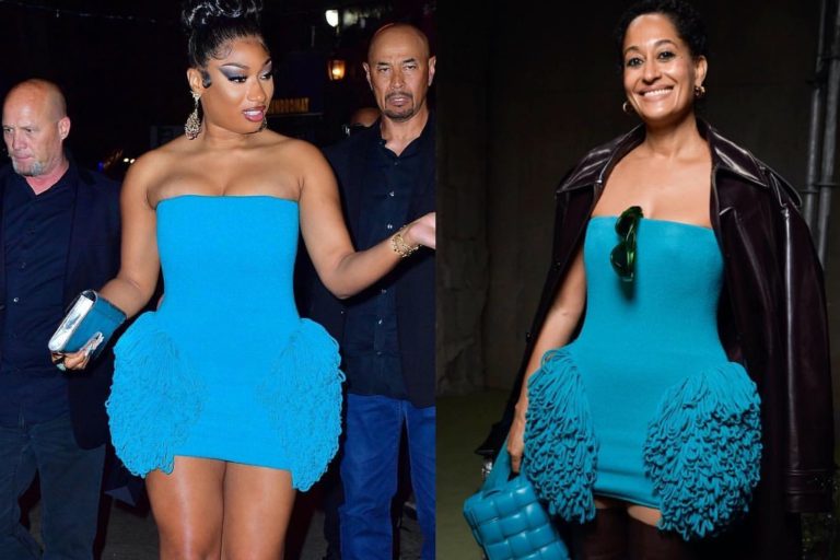 Who Wore it Better? Megan Thee Stallion vs. Tracee Ellis Ross in Bottega Veneta’s Teal Blue Cotton Boucle Strapless Dress