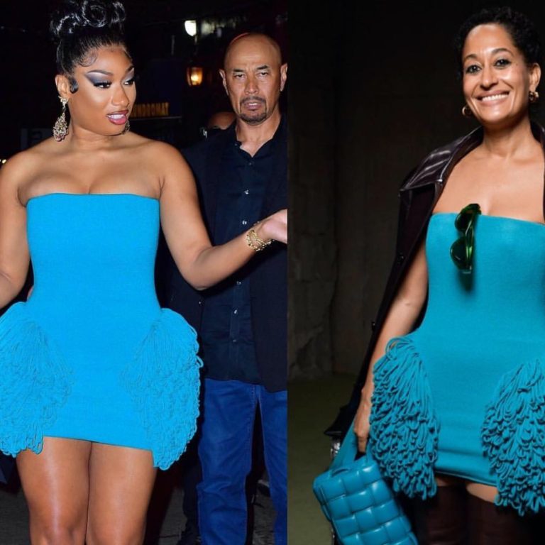 Who Wore it Better? Megan Thee Stallion vs. Tracee Ellis Ross in Bottega Veneta’s Teal Blue Cotton Boucle Strapless Dress