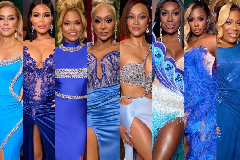 All the Blue Gowns from the Real Housewives of Potomac Season 7 Reunion:  Karen Huger in Chasity Sereal, Gizelle Bryant in Albina Dyla, Wendy Osefo in Rian Fernandez, and More!