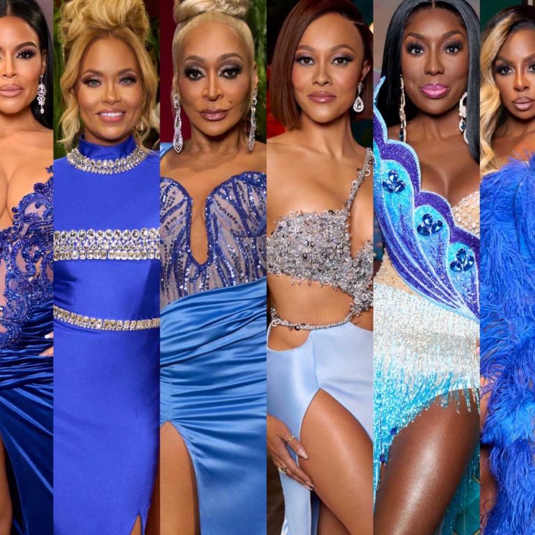 All the Blue Gowns from the Real Housewives of Potomac Season 7 Reunion:  Karen Huger in Chasity Sereal, Gizelle Bryant in Albina Dyla, Wendy Osefo in Rian Fernandez, and More!