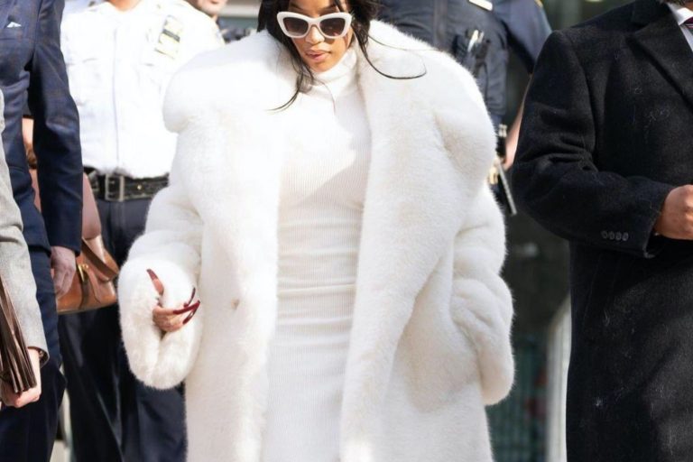 Cardi B Goes to Court in All White: Adrienne Landau x Saulo Villela Faux Fur Coat , Dior Cat Eye Shades, an Aritzia Ribbed Dress, and Louboutin Pumps