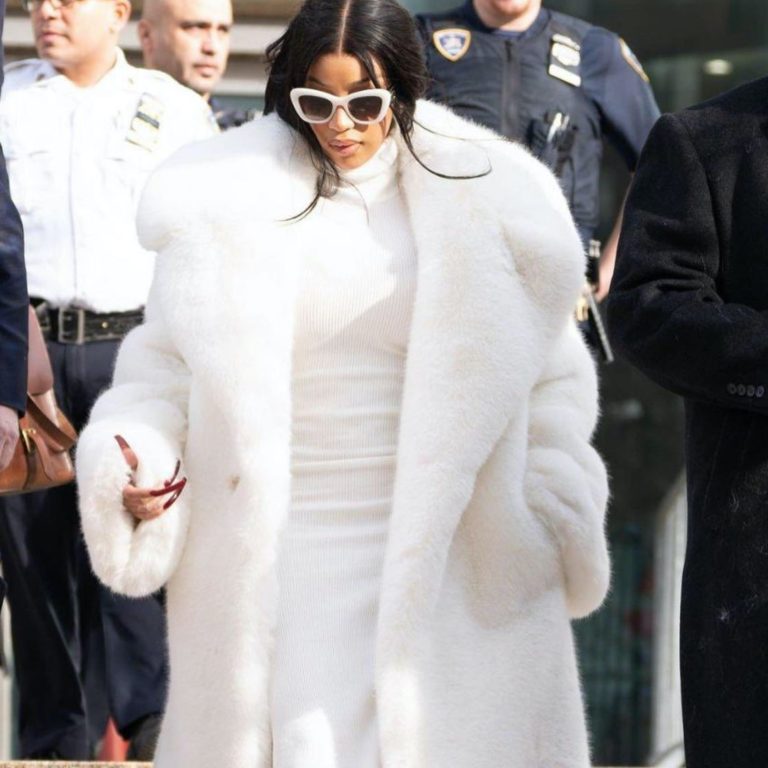 Cardi B Goes to Court in All White: Adrienne Landau x Saulo Villela Faux Fur Coat , Dior Cat Eye Shades, an Aritzia Ribbed Dress, and Louboutin Pumps