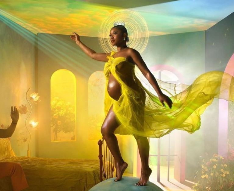 Keke Palmer Glows in Yellow Fendi Dress for her Fine Art-Inspired Maternity Photo by David LaChapelle