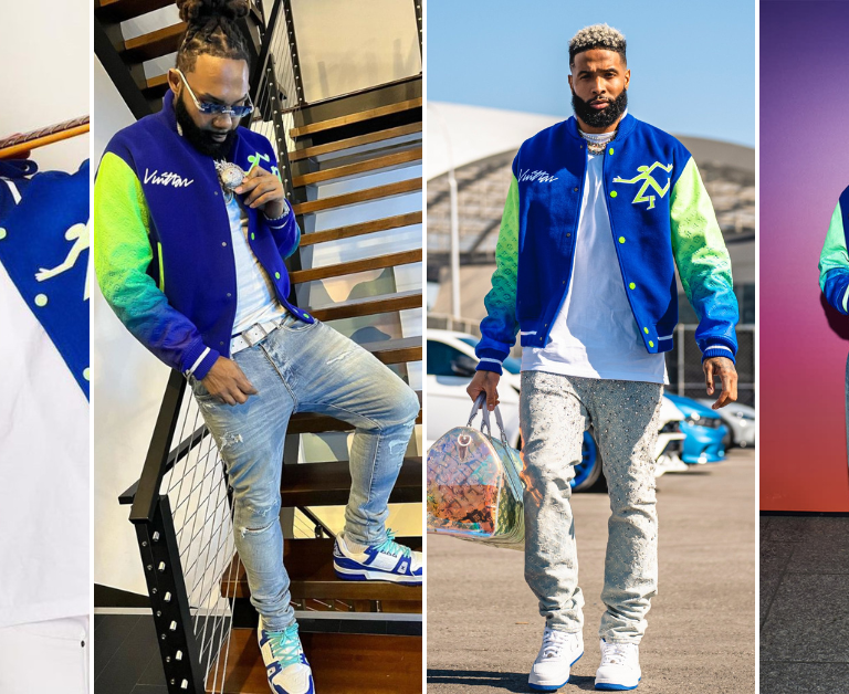 Celebs Love: Odell Beckham Jr., Luka Sabbat, Vic Mensa and Money Man All Wore Louis Vuitton’s Blue and Neon Green Gradient Varsity Bomber Jacket