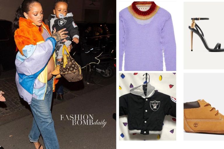 Rihanna Wore a Marni Multicolor Jacket and Marni Knitted Top with her son in a Raiders NFL Jacket and Timbs while Shopping at Louis Vuitton in Paris