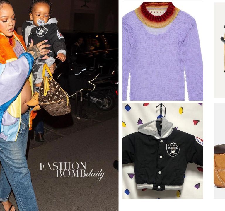 Rihanna Wore a Marni Multicolor Jacket and Marni Knitted Top with her son in a Raiders NFL Jacket and Timbs while Shopping at Louis Vuitton in Paris