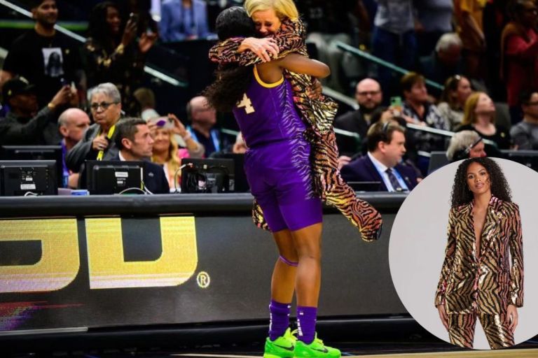 LSU Head Coach Kim Mulkey Wears Nadine Merabi Tiger Sequin Suit for National Championship Win