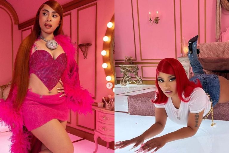 Ice Spice in Area Heart Shaped Top & Nicki Minaj in Dolce Gabbana as they Present the Princess Diana Remix Video