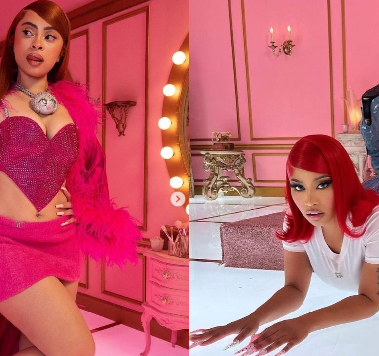 Ice Spice in Area Heart Shaped Top & Nicki Minaj in Dolce Gabbana as they Present the Princess Diana Remix Video