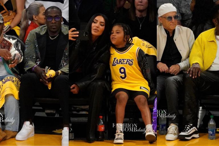 On the Scene at the Lakers Basketball Game: Shannon Sharpe in Greg Lauren Paint Splattered Jacket, Kim Kardashian in Balenciaga Black Leather,  Diddy in a Yellow Homme Plisse Issey Miyake Jacket & More