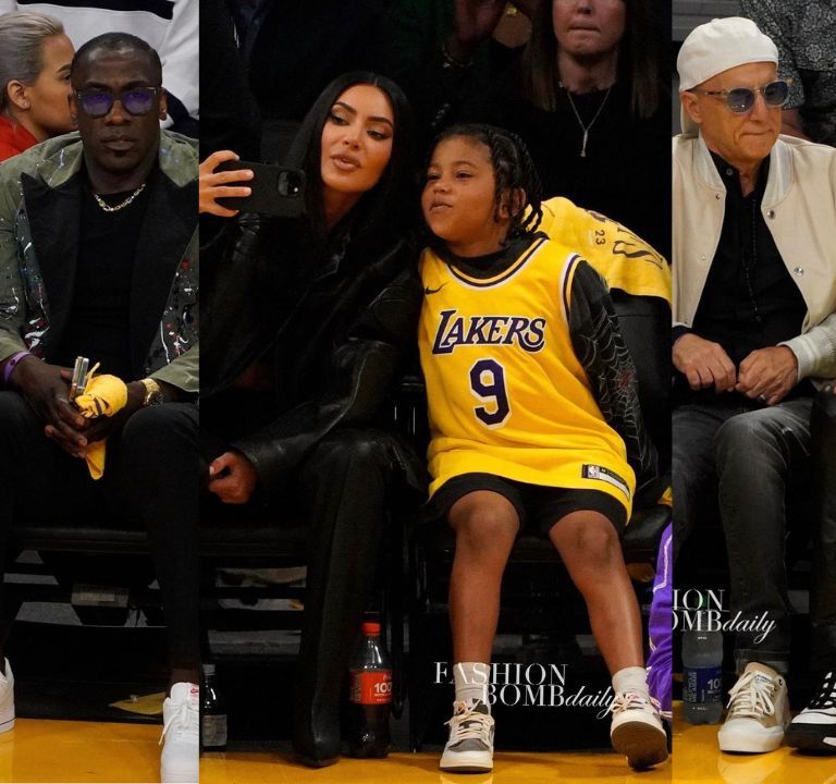 On the Scene at the Lakers Basketball Game: Shannon Sharpe in Greg Lauren Paint Splattered Jacket, Kim Kardashian in Balenciaga Black Leather,  Diddy in a Yellow Homme Plisse Issey Miyake Jacket & More