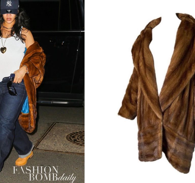 Rihanna Returns to New York in a Vintage John Galliano Mink Coat with a Quintessential Yankees Cap and Timberland Boots