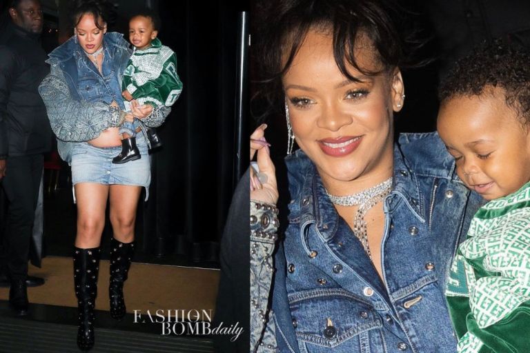 Rihanna and Son Spotted in Paris in a Gucci Demin Jacket, Courreges Denim Skirt, and Dapper Dan X Fendi Kids Jacket with Gucci Ankle Boots