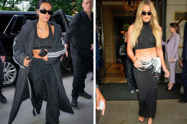Kim Kardashian Sports a Black and White Balenciaga X Adidas tracksuit while Khloe Kardashian wore Laquan Smith in New York