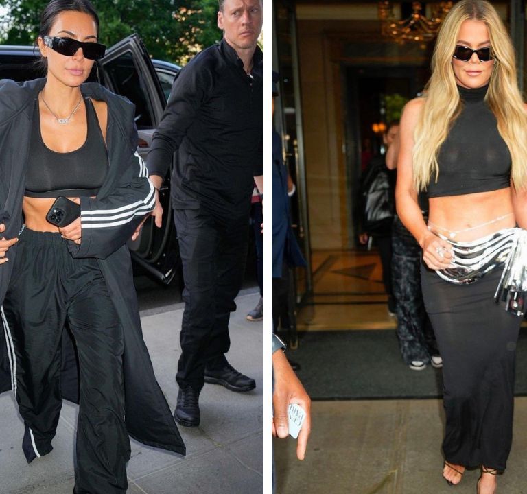 Kim Kardashian Sports a Black and White Balenciaga X Adidas tracksuit while Khloe Kardashian wore Laquan Smith in New York