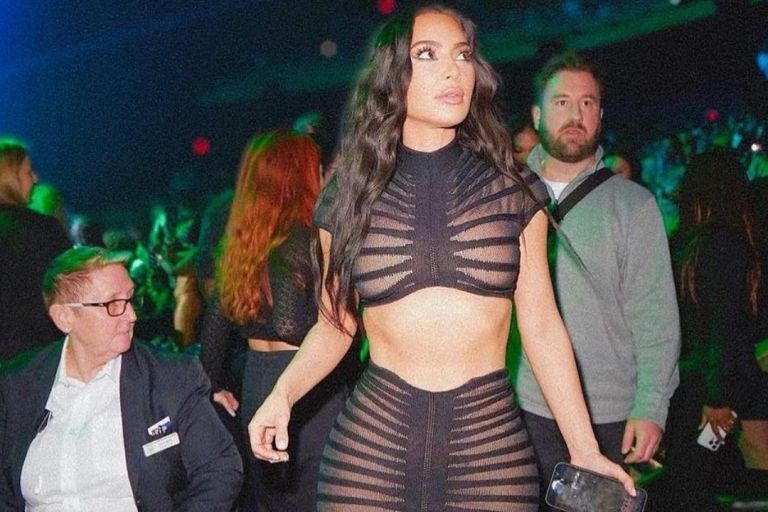 Kim Kardashian Attended Ushers Vegas Residency in a Black Maison Alaia Sheer Crop Top and Maxi Ruched Skirt