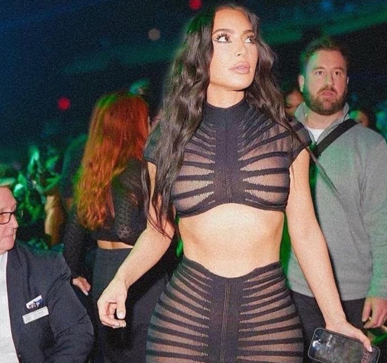 Kim Kardashian Attended Ushers Vegas Residency in a Black Maison Alaia Sheer Crop Top and Maxi Ruched Skirt